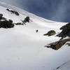 Dropping into the Corral Couloir on a May, 2007 descent with the cornice near its maximum instability. Photo by Eli Helmuth.