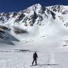 Approaching Sayers to ski X-Rated Couloir (Center), the approach climbs up the large chute on the right.