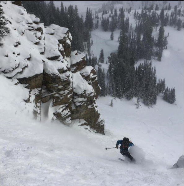 Skiing the exit apron on Spacewalk Couloir. 2/13/18, WY.