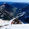 Skiing off the summit, towards one of the most beautiful valleys in the Rockies.