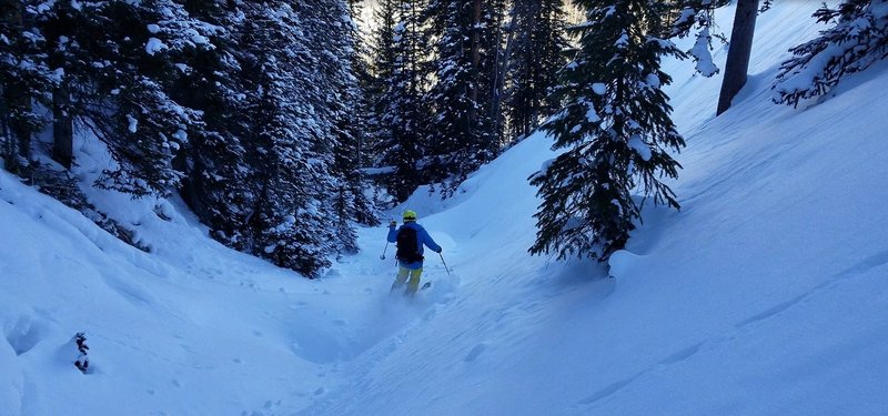 John V skiing the Roberts Creek Bed nearing the Frazier River