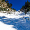 Peace Chute looking up the rocky choke after an early season, R2D2 avalanche washed out the chute.