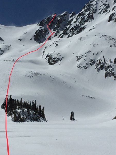 Nice shot of our line down the middle chute. Gaining entrance was difficult from the top due to massive cornices... Would recommend bootpacking.