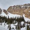 The twin couloirs of Desert Peak. The west twin, as you can see, had a rock slide in it. So I skied the east twin.