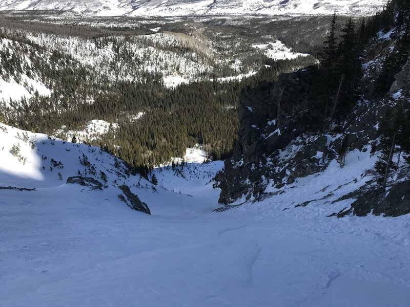 Halfway down the couloir, looking downwards.