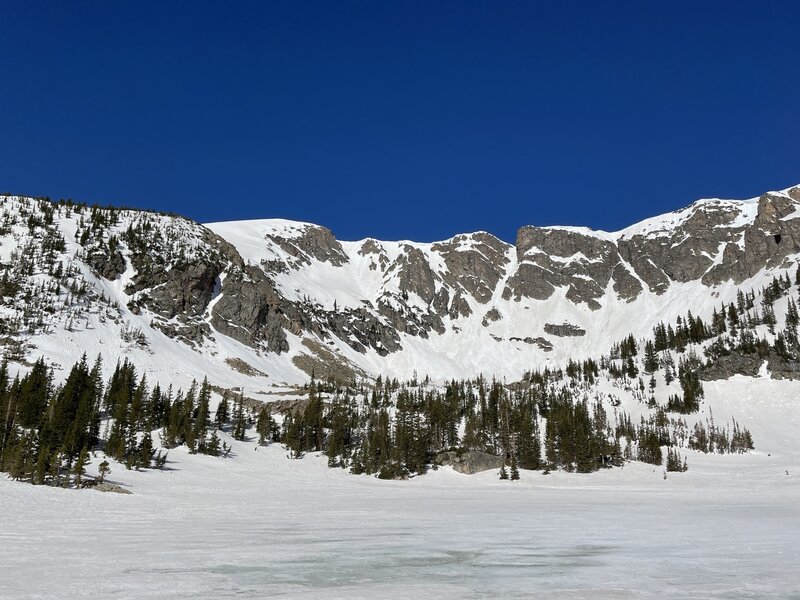 View of cirque and ski lines from upper Forest lake